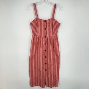 Forever 21 Juniors Medium Sleeveless Sun Dress Coral White Stripes Button Front